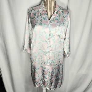 Whitney Brooks White Multi Rose Print 3/4 Sleeve Satin Night Gown Size Small